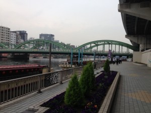 隅田川にて。浅草方面へ向かう橋を目指す様子。まだまだ歩けそうな元気さ。
